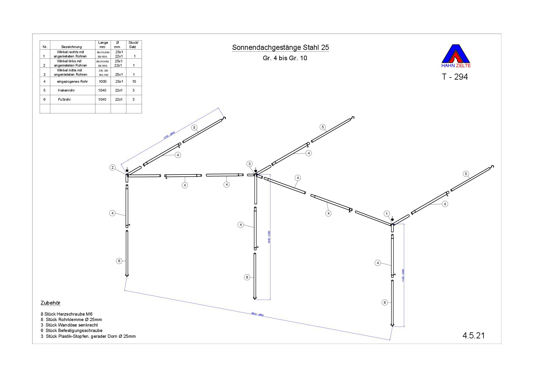 Komplettgerüst Sonnendach 25 mm Stahl Größe 4-10