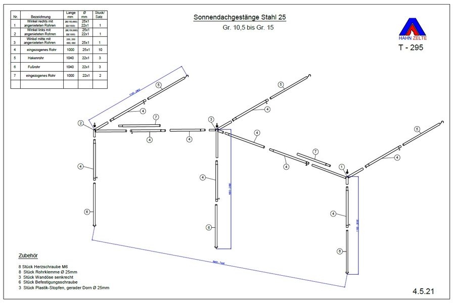 Komplettgerüst Sonnendach 25 mm Stahl Größe 10,5-15